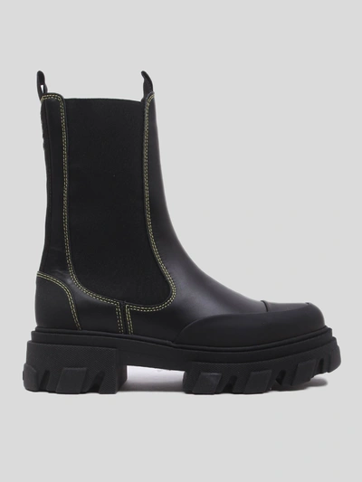 Ganni Black Mid Chelsea Boots In Black,yellow