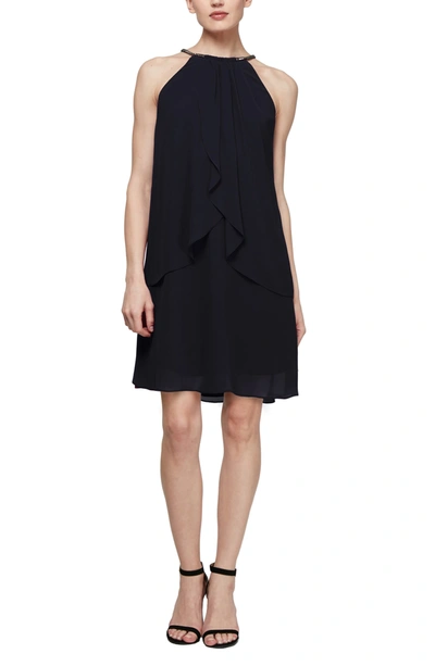 Slny Embellished Neck Chiffon Ruffle Dress In Blk