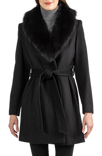Sofia Cashmere Toscana Genuine Lamb Shearling Collar Wool Blend Coat In 001blk