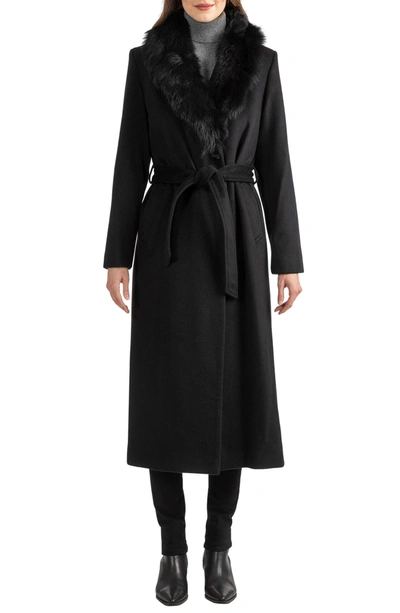 Sofia Cashmere Toscana Genuine Shearling Collar Wool Blend Coat In 001blk