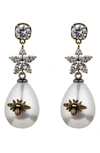 Eye Candy Los Angeles Abeja Cz & Imitation Pearl Bee Drop Earrings In Bronze
