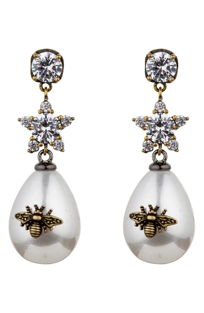 Eye Candy Los Angeles Abeja Cz & Imitation Pearl Bee Drop Earrings In Bronze