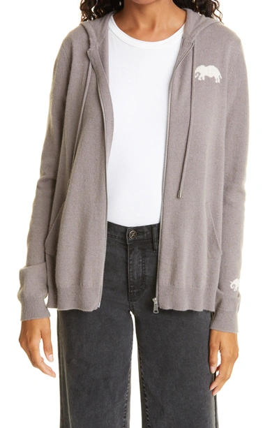 Nicole Miller Micole Miller Intarsia Elephant Cashmere Zip-up Hoodie In Taupe