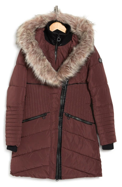 Noize Gigi Faux Fur Trim Quilted Parka In Mahogany