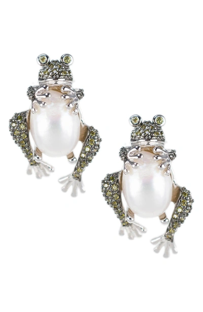 Cz By Kenneth Jay Lane Pave Cz Frog Hugging Faux Pearl Stud Earrings In Multi/silver