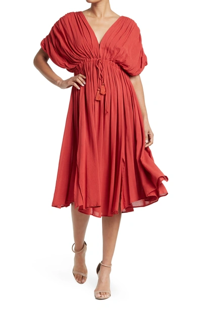 Wishlist Dolman Sleeve Tie Waist Midi Dress In Brick