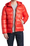 Guess Hooded Solid Puffer Jacket In Crimson
