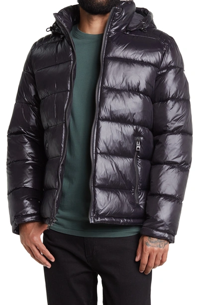 Guess Hooded Solid Puffer Jacket In Black