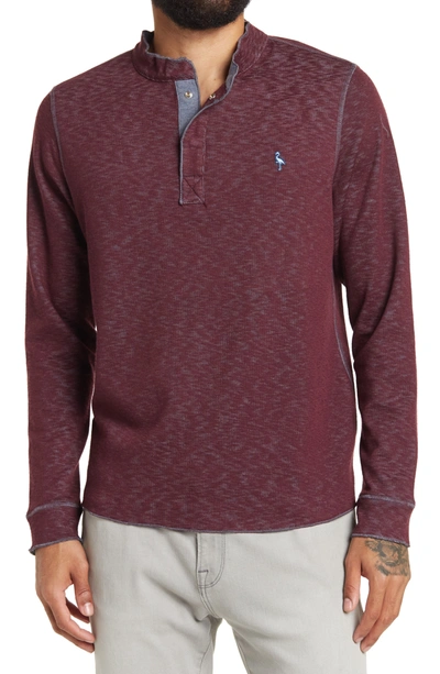 Tailorbyrd Reverse Double Knit Henley Top In Burgundy Grey