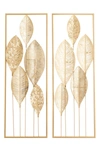 WILLOW ROW GOLDTONE METAL TALL CUTOUT LEAF WALL DECOR WITH FRAME