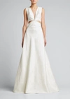 Markarian Tonal Floral Jacquard Gown With Crystal Trim In Ivory