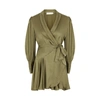 Zimmermann Silk Wrap V-neck Minidress In Khaki