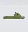 Balenciaga Logo-embossed Rubber Slides In Kaki/black