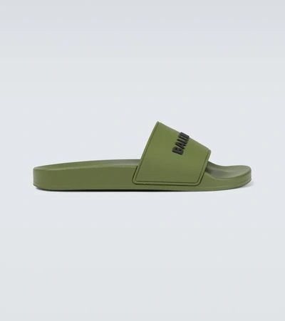 Balenciaga Logo-embossed Rubber Slides In Khaki