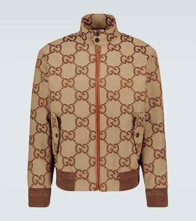 Gucci Logo-jacquard Leather-trimmed Cotton-blend Canvas Bomber Jacket In Beige