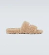 Balenciaga Faux-shearling Embroidered Logo Slides In Beige/white/red