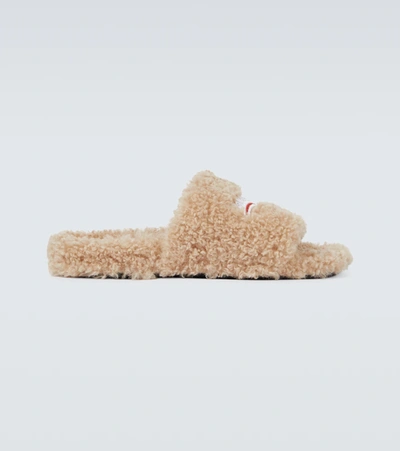 Balenciaga Faux-shearling Embroidered Logo Slides In Beige