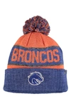 TOP OF THE WORLD TOP OF THE WORLD ORANGE/HEATHER BLUE BOISE STATE BRONCOS BELOW ZERO CUFFED POM KNIT HAT,2361198