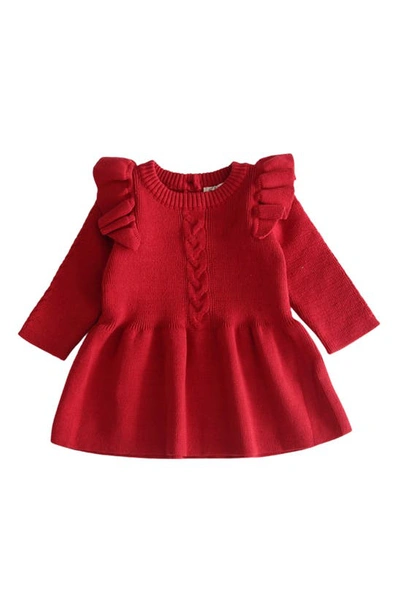 Ashmi And Co Babies' Eva Ruffle Shoulder Long Sleeve Knit Cotton Dress In Red