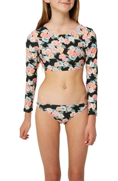 O'neill Kids' Emilie Floral Long Sleeve Crop Swim Top In Black