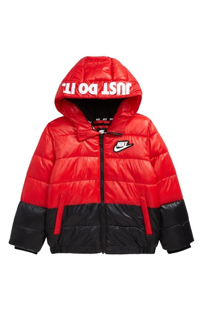 Nike Kids' Color Block Down Hooded Puffer Coat In University Red