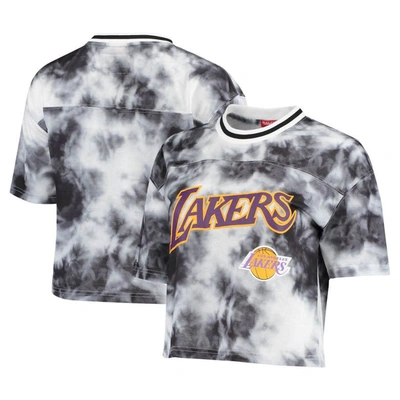 MITCHELL & NESS MITCHELL & NESS BLACK/WHITE LOS ANGELES LAKERS HARDWOOD CLASSICS TIE-DYE CROPPED T-SHIRT,4268795