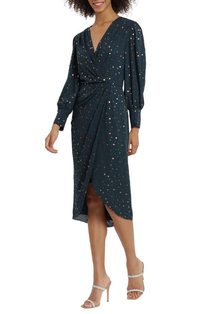 Maggy London Foil Dot Long Sleeve Georgette Midi Dress In Green