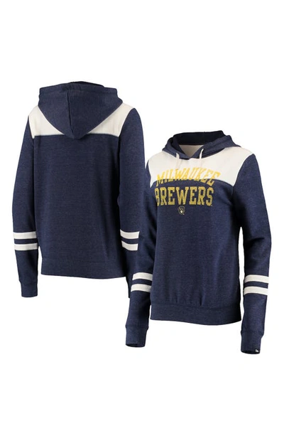 New Era Heathered Navy/white Milwaukee Brewers Colorblock Tri-blend Pullover Hoodie In Heather Navy