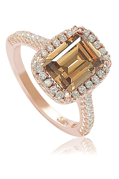 Suzy Levian Rose Tone Sterling Silver Emerald Cut Cz Ring