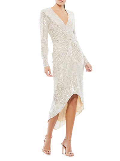 Mac Duggal Ieena Sequin Knotted Midi Dress In Nude Silver