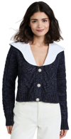 Ganni Cropped Embellished Poplin-collar Cable-knit Cardigan In Navy Blue Wool In Sky Captain