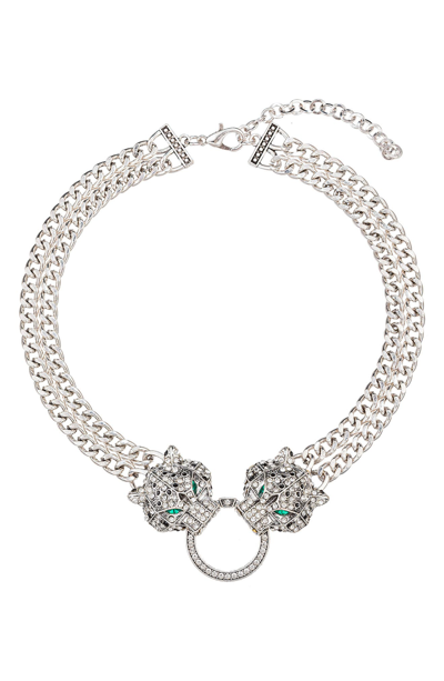 Eye Candy Los Angeles Pave Crystal Leopard Curb Chain Statement Necklace In Silver