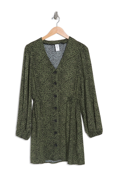 Abound Daydreamer Long Sleeve Button Front Mini Dress In Olive Animal