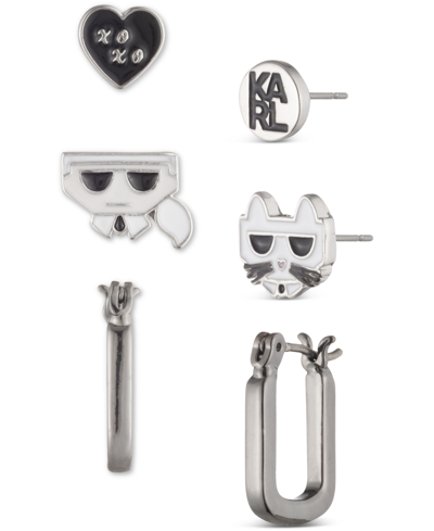 Karl Lagerfeld 3-pc. Silver-tone Earrings Set In Black