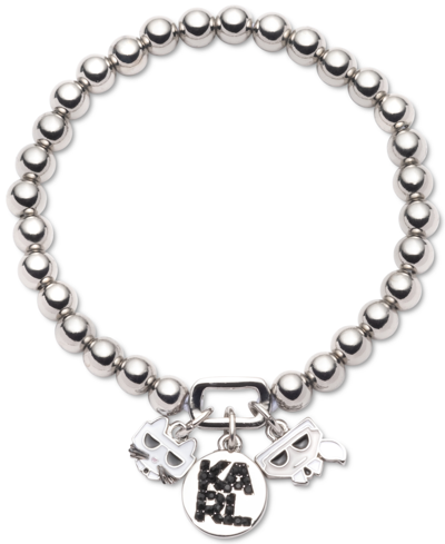 Karl Lagerfeld Silver-tone Logo Charm Beaded Stretch Bracelet In Black
