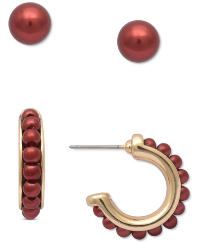 Charter Club Gold-tone 2-pc. Set Colored Imitation Pearl Stud & Beaded Hoop Earrings Set, Created For Macy's In Red