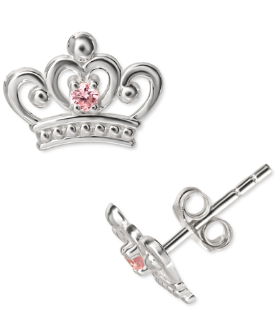 Disney Pink Cubic Zirconia Crown Stud Earrings In Sterling Silver