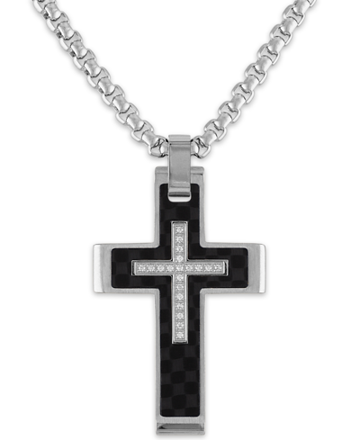 Esquire Men's Jewelry Diamond Cross 22" Pendant Necklace (1/10 Ct. T.w.) In Stainless Steel, Black Carbon Fiber, Created F