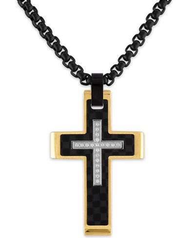 Esquire Men's Jewelry Diamond Cross 22" Pendant Necklace (1/10 Ct. T.w.) In Stainless Steel, Black Carbon Fiber, Created F In Gold-tone