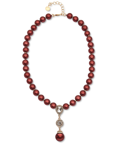 Charter Club Gold-tone Crystal Halo & Colored Imitation Pearl Lariat Necklace, 17" + 2" Extender, Created For Mac In Red