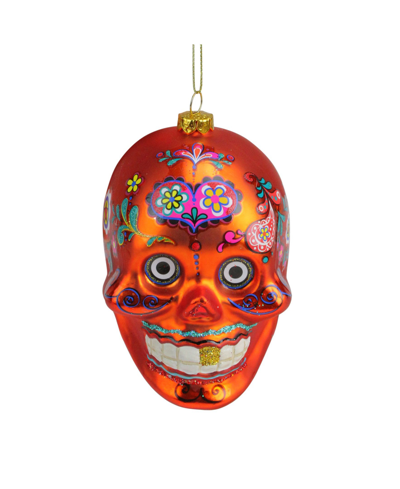 Northlight 4" Day Of The Dead Orange Glitter Embellished Skull Halloween Christmas Ornament