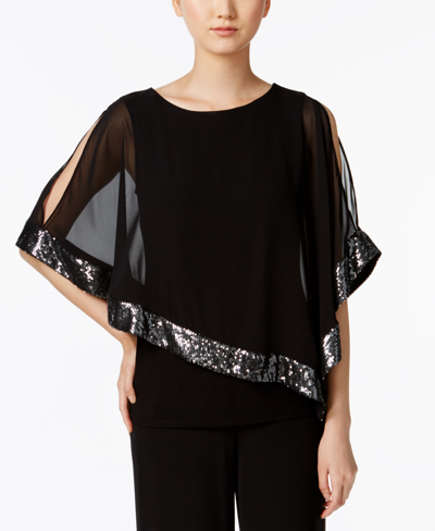 Msk Petite Sequined Chiffon Asymmetrical Blouse In Black