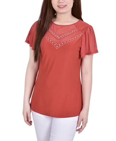 Ny Collection Petite Size Studded Short Flutter Sleeve Top In Orange