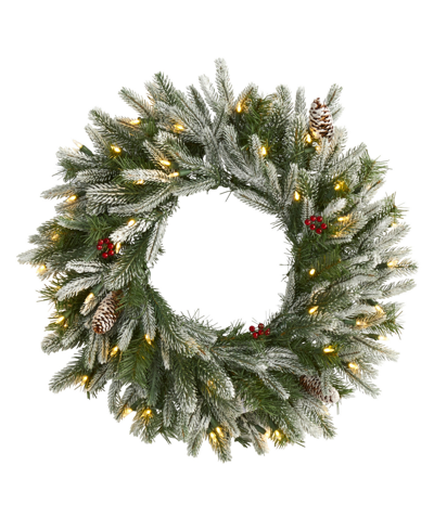 Nearly Natural Snowed Artificial Christmas Wreath With 50 Warm Led Lights And Pine Cones In Green