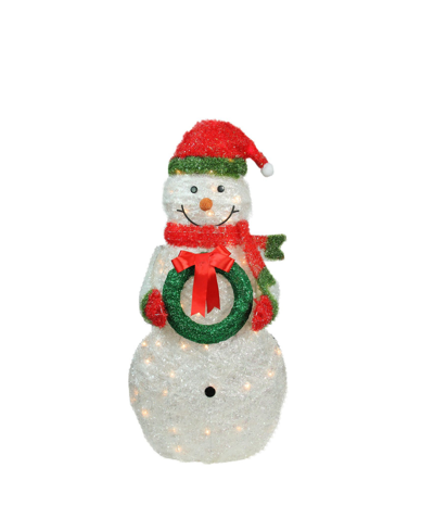 Northlight 38" Lighted Tinsel Snowman With Wreath Christmas Outdoor Decoration In White
