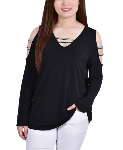 Ny Collection Petite Long Sleeve Knit Crepe Rhinestone Top In Black