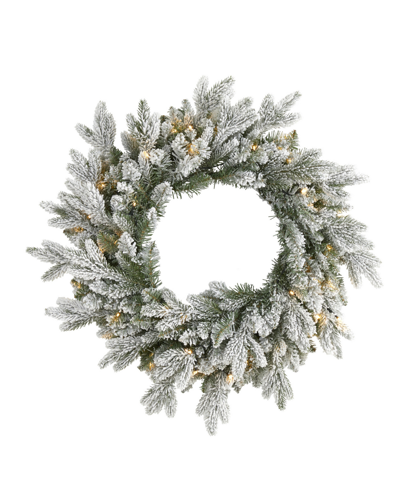 Nearly Natural Flocked Artificial Christmas Wreath With 50 Led Lights In Green