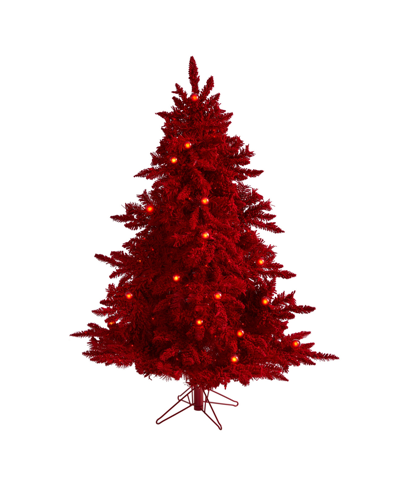 Nearly Natural Flocked Fraser Fir Artificial Christmas Tree With 250 Lights, 26 Globe Bulbs And 490 Bendable Branch In Red