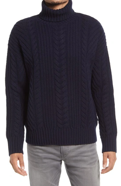 Hugo Boss Nannos Cable Knit Wool Turtleneck Sweater In Dark Blue