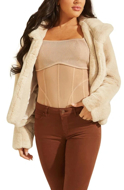 Guess New Sophy Faux Fur Jacket In Pearl Oyster